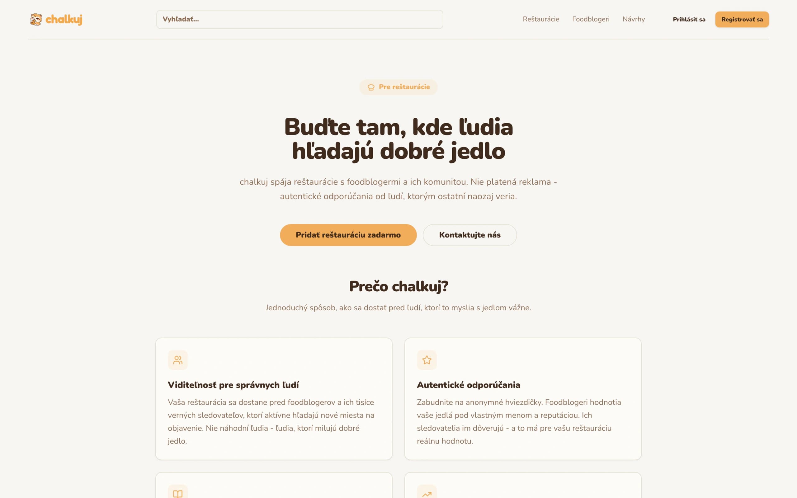 Chalkuj page for restaurants explaining authentic recommendations. The venue pitch focuses on authentic recommendations rather than paid advertising
