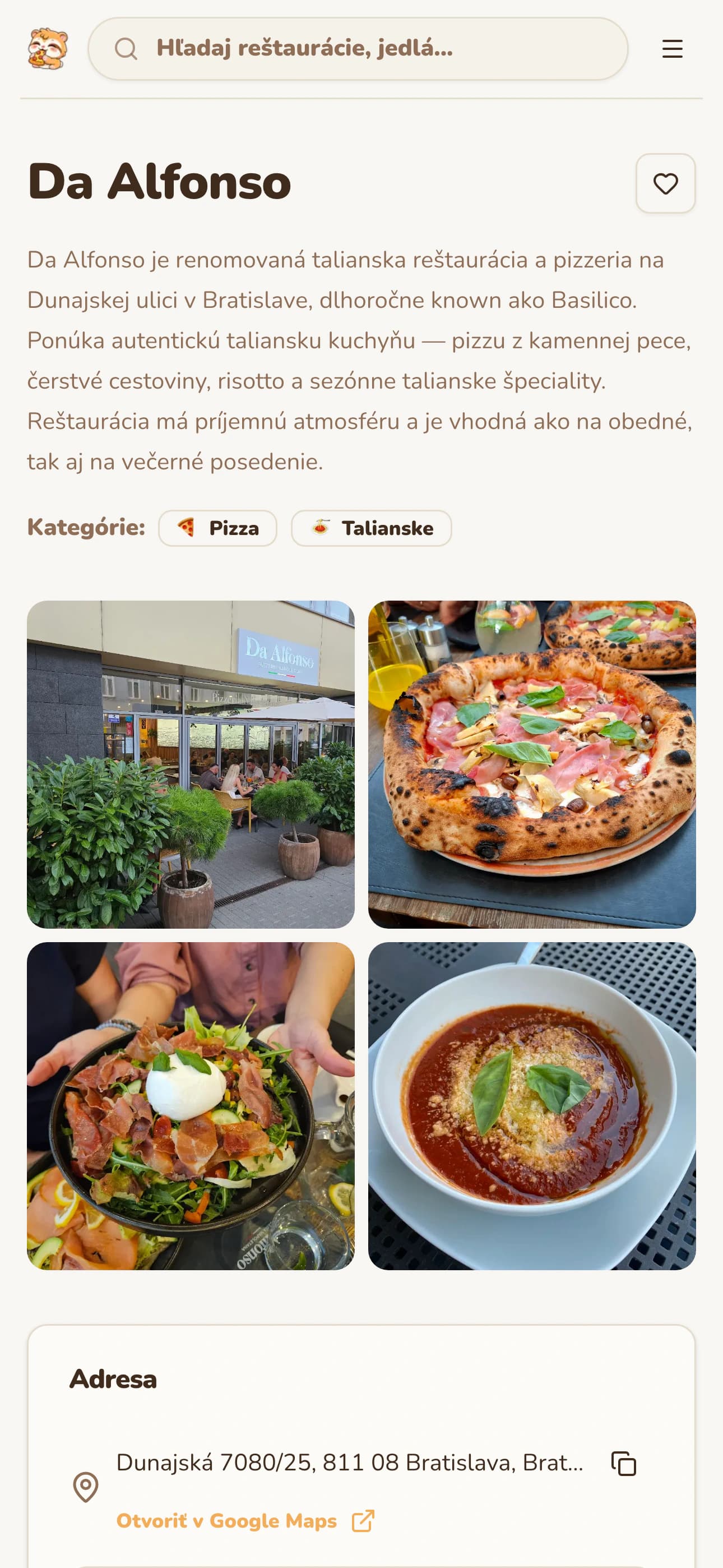 A venue profile on a phone: photos, categories and its chálka rating. The React Native app shares the platform's API, so a venue reads the same in the hand as on the map