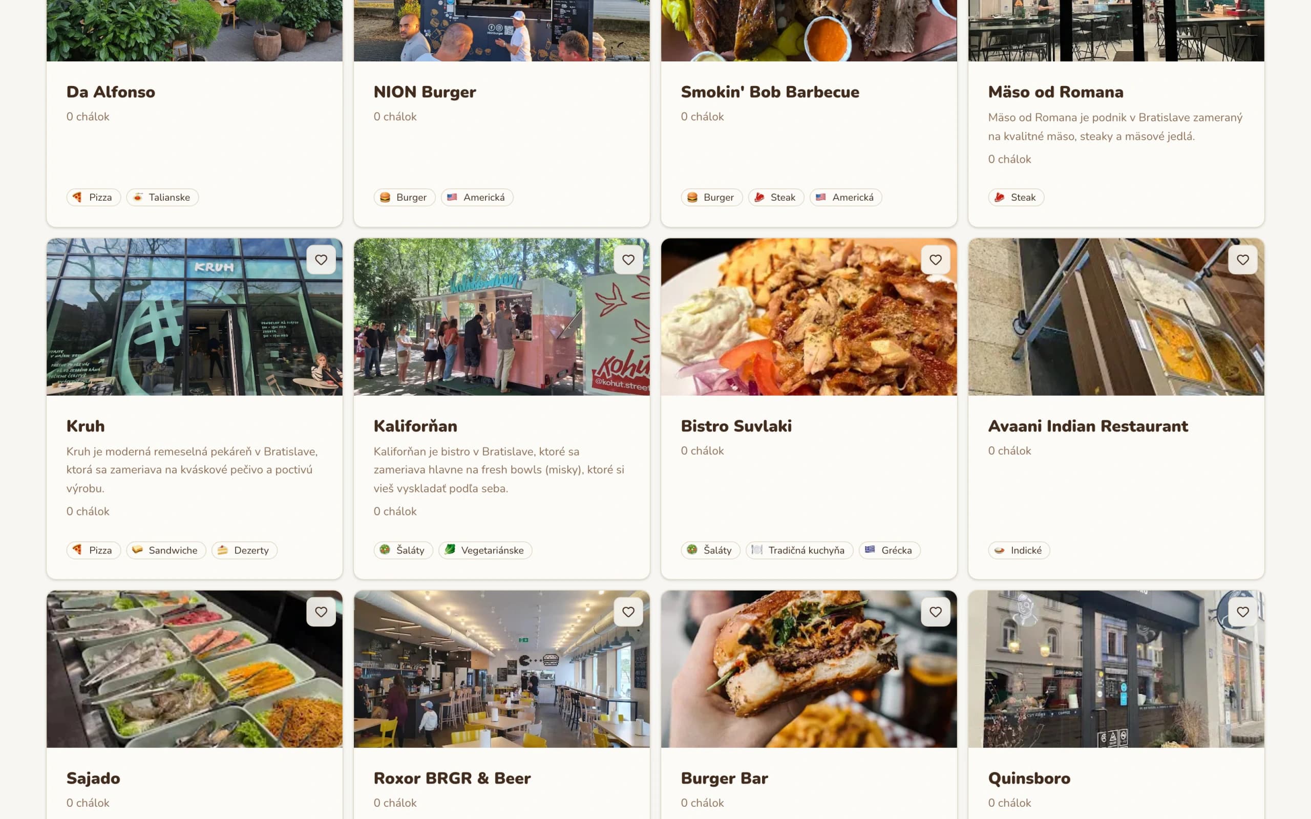 Chalkuj venue grid with categories, photos and chálka ratings. Venues carry photos, cuisine categories and chálka ratings instead of anonymous stars