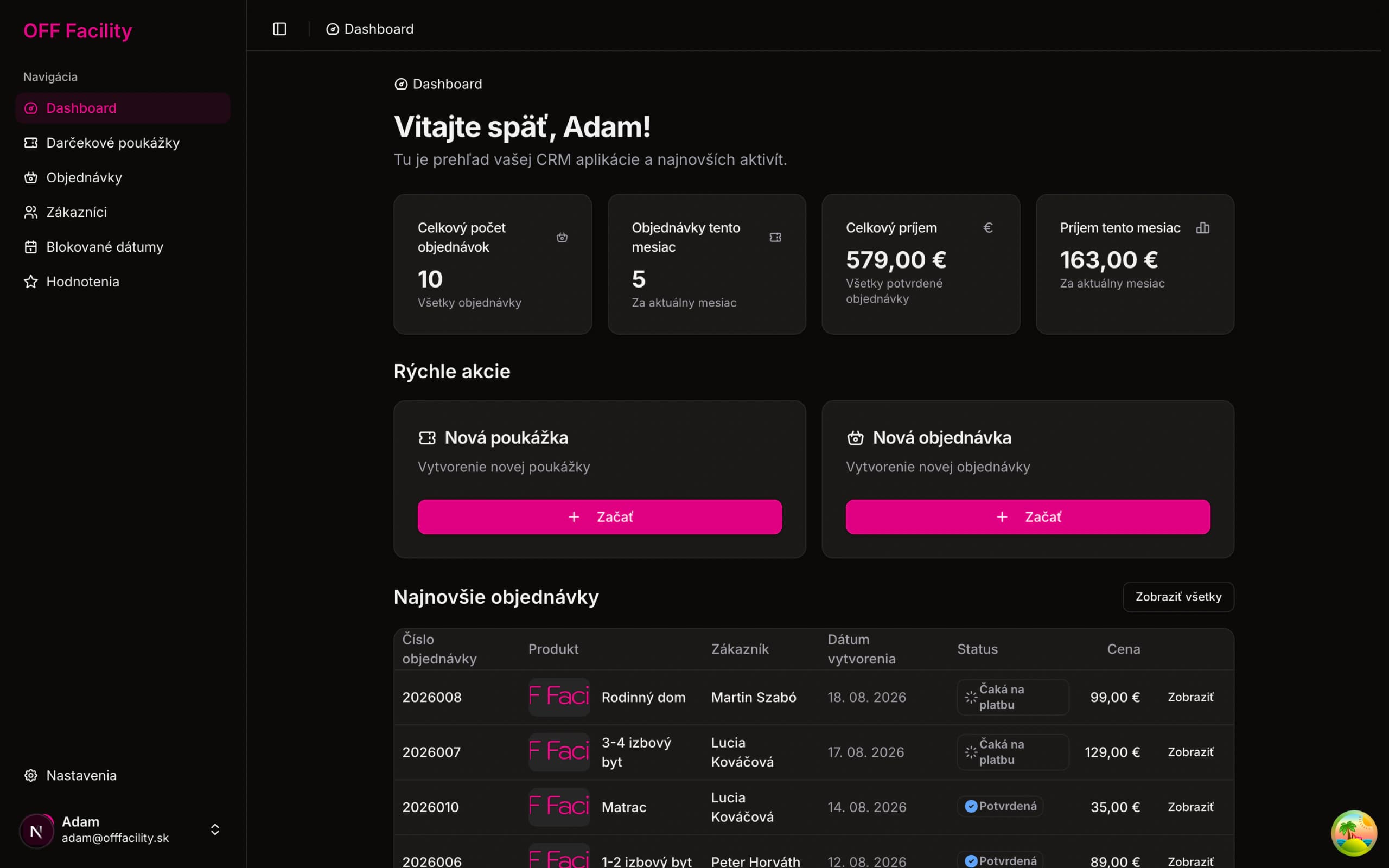 The admin dashboard showing total orders, monthly revenue and the most recent voucher orders. The office side: revenue, bookings and orders in one view