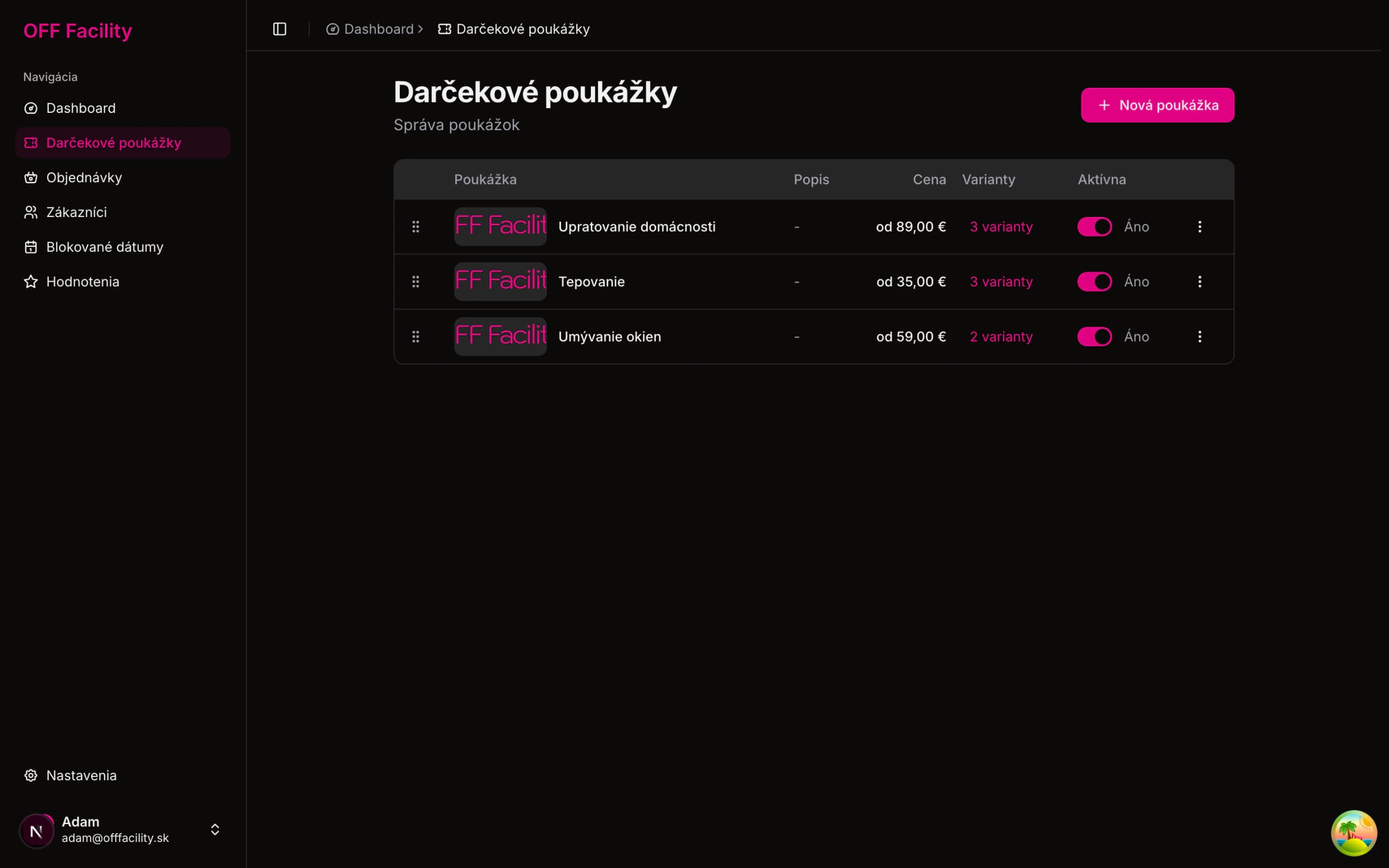 The voucher management screen listing occasions, their price tiers and active status. The five occasions the storefront sells, edited from here