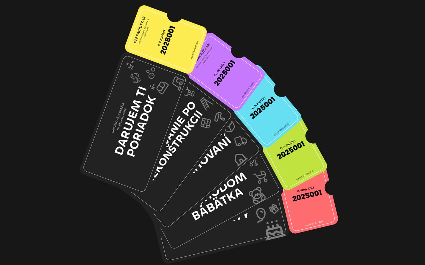 Five gift certificate designs, each colour coded by occasion with its own icons, voucher number and validity date. The object the recipient holds, designed before the shop around it