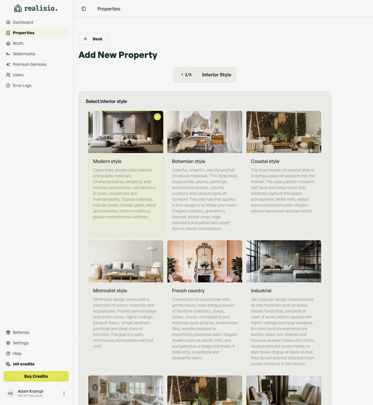Realisio property creation workflow showing the visual style selection step