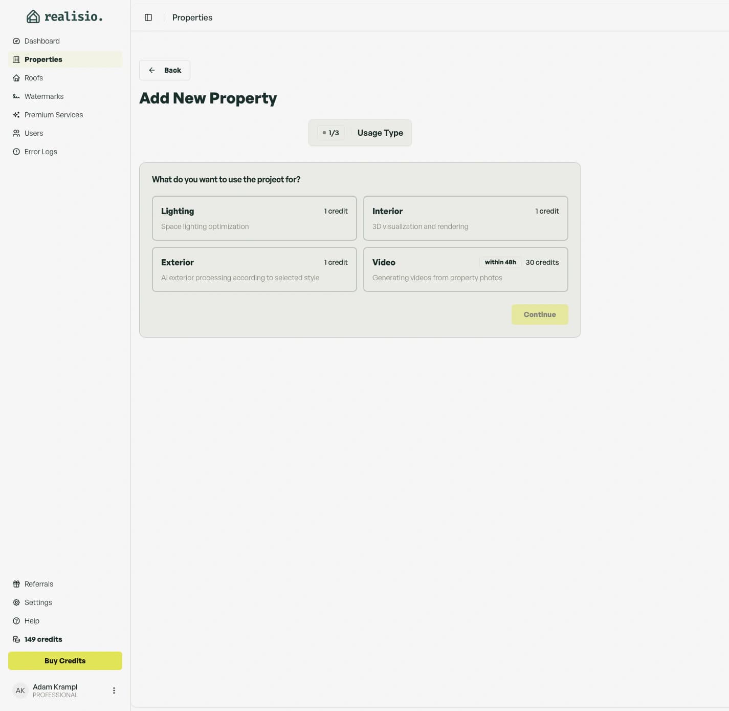First step of the Realisio property creation workflow with usage type options. A guided flow turns a new property into a clearly defined visual task