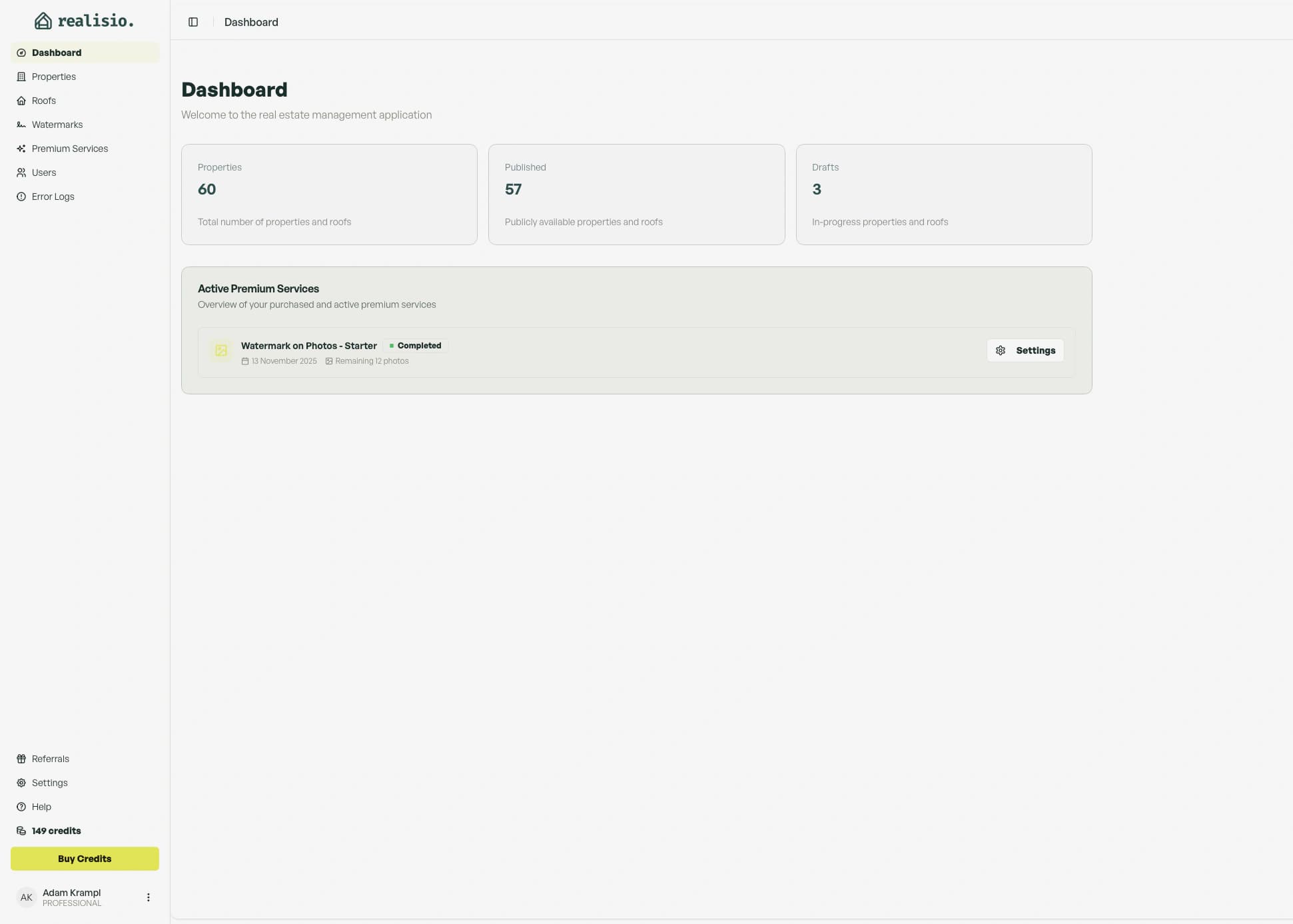 Realisio dashboard with usage statistics, available services and recent properties. The dashboard keeps account usage, services and the latest work in one view