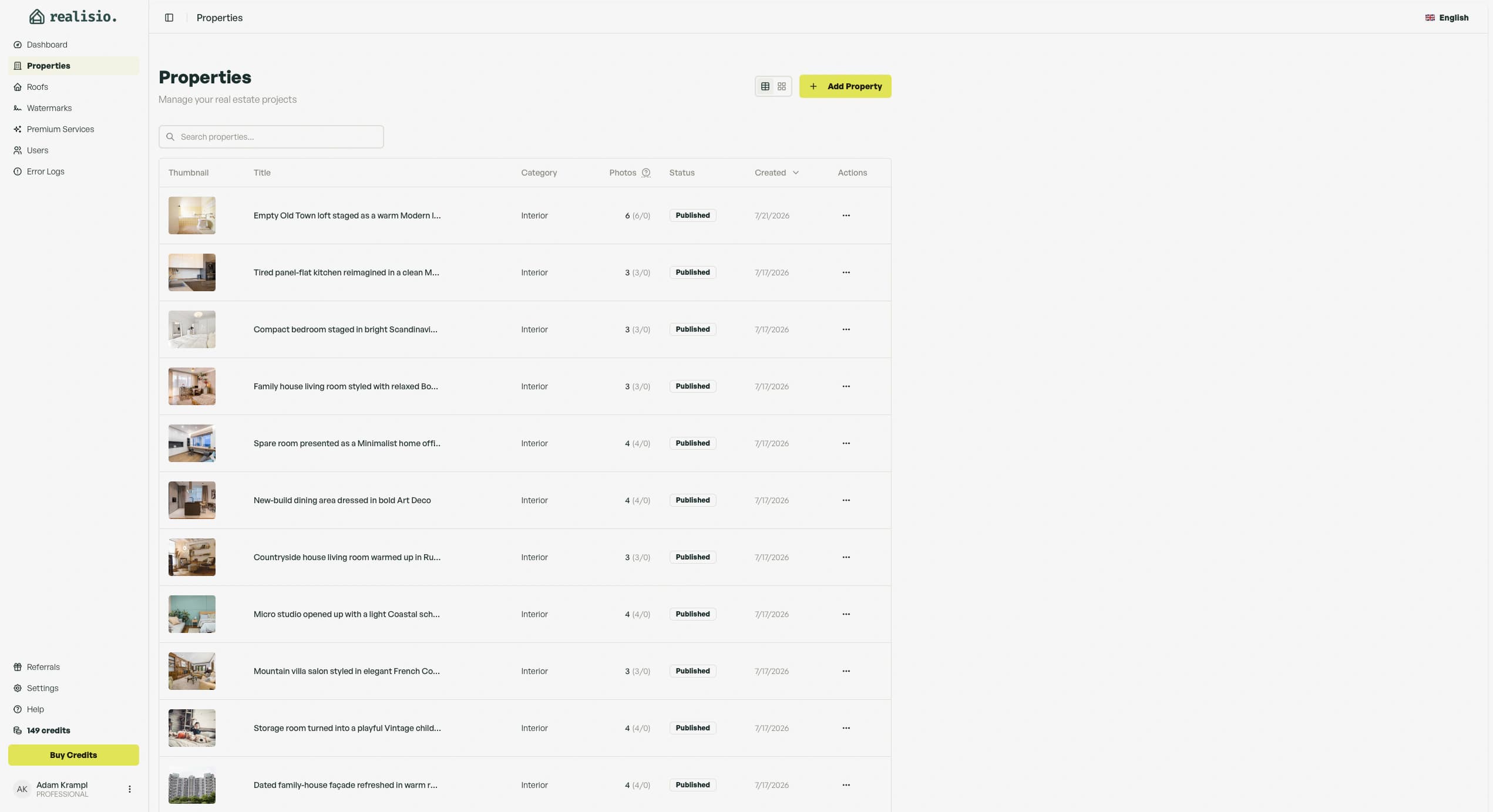 Realisio properties list with statuses, locations and project actions. A searchable property workspace makes active, draft and completed projects easy to scan
