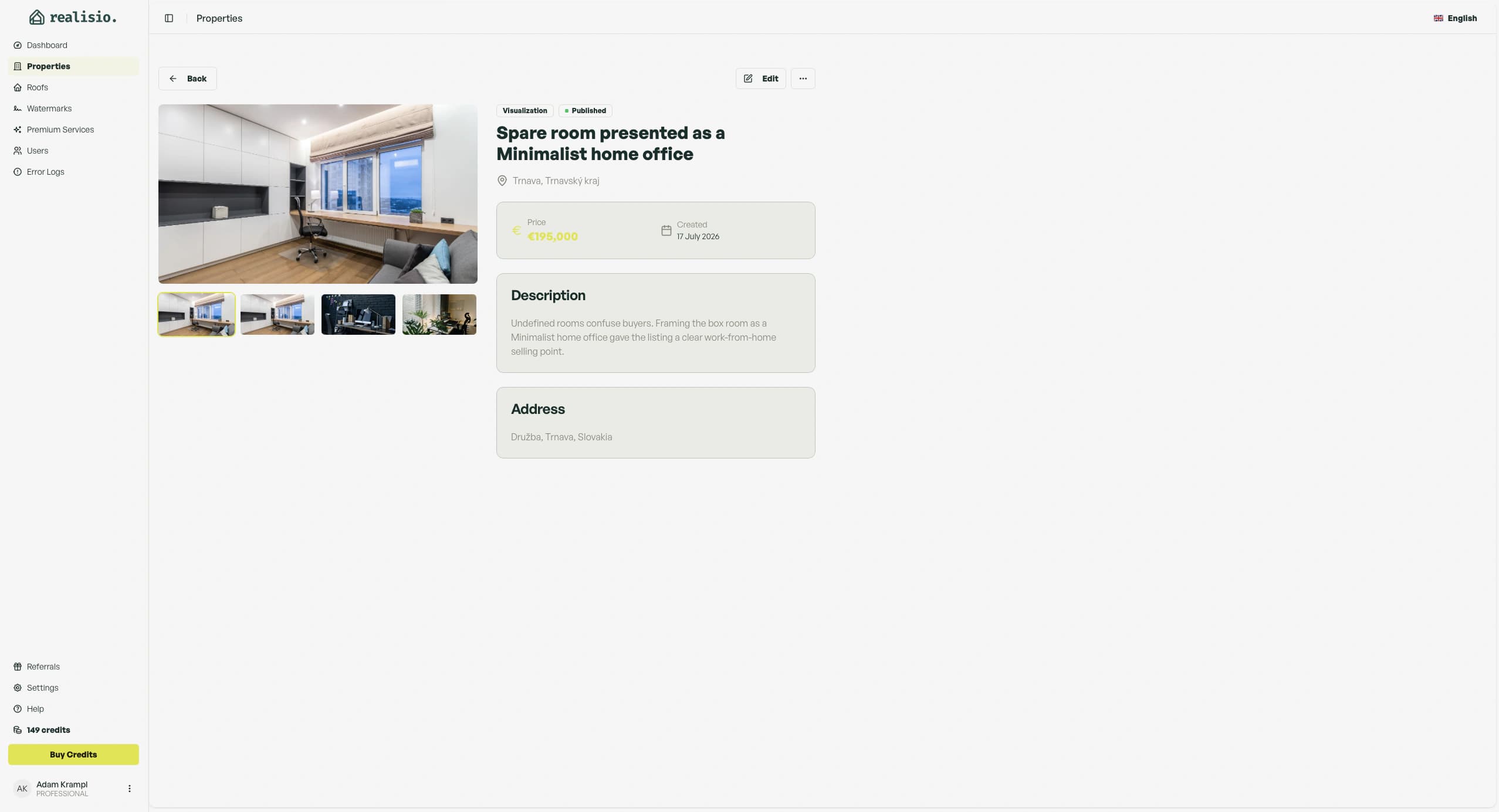 Realisio property detail with a generated room visual and project information. Every generated visual stays connected to its property, project details and next action
