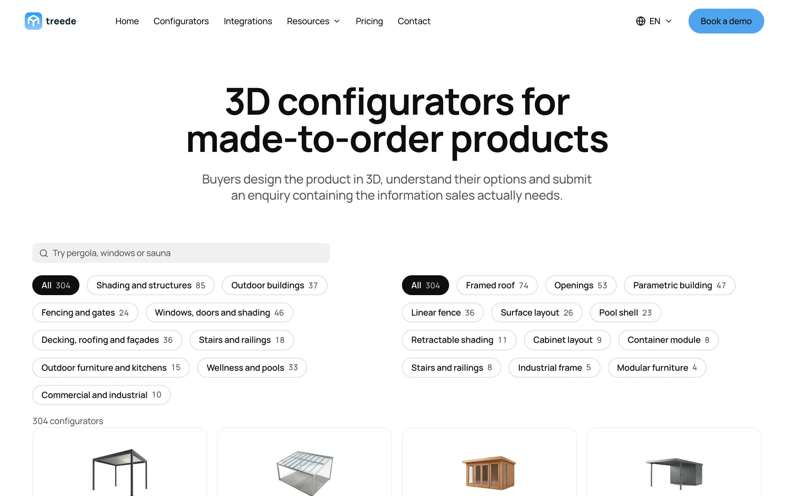 Catalogue page with search and filters across 304 configurator types. Visitors filter the 304 types by category or by type of structure