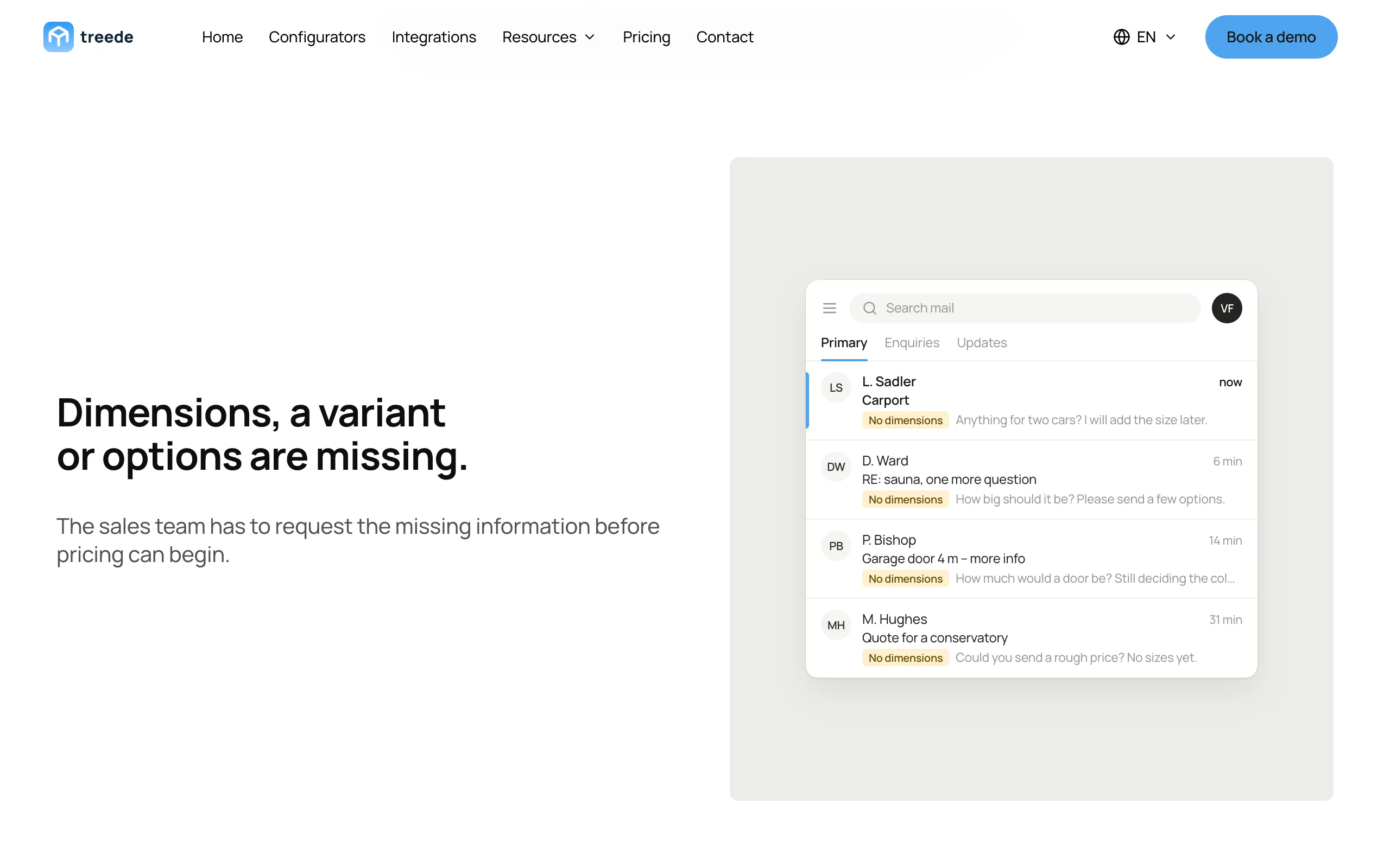 Homepage section with a sales inbox in which every enquiry is tagged No dimensions. The problem shown the way a sales team meets it: enquiries it cannot price yet