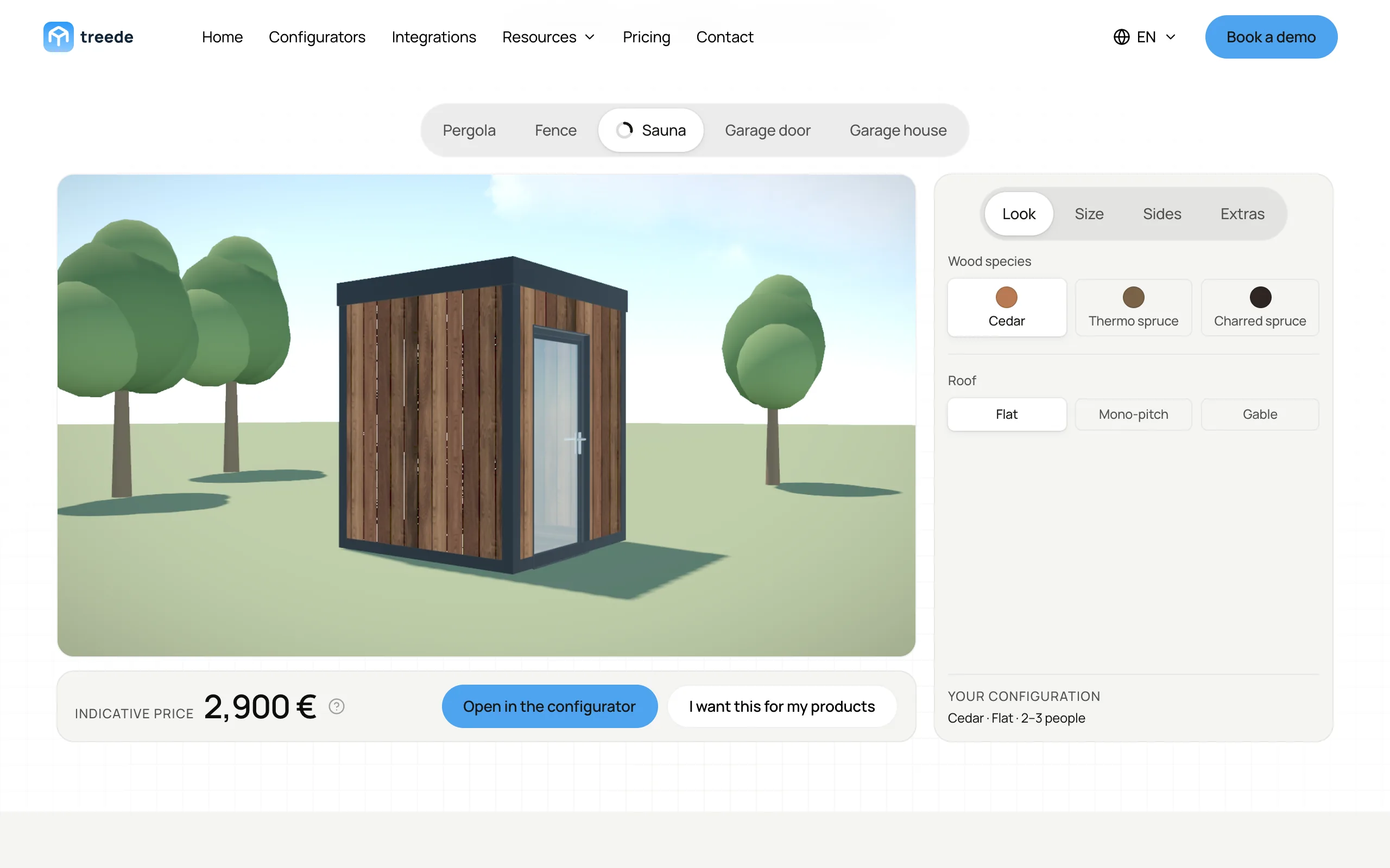 The homepage demo configuring a cedar sauna with a flat roof, at an indicative price of 2,900 euros
