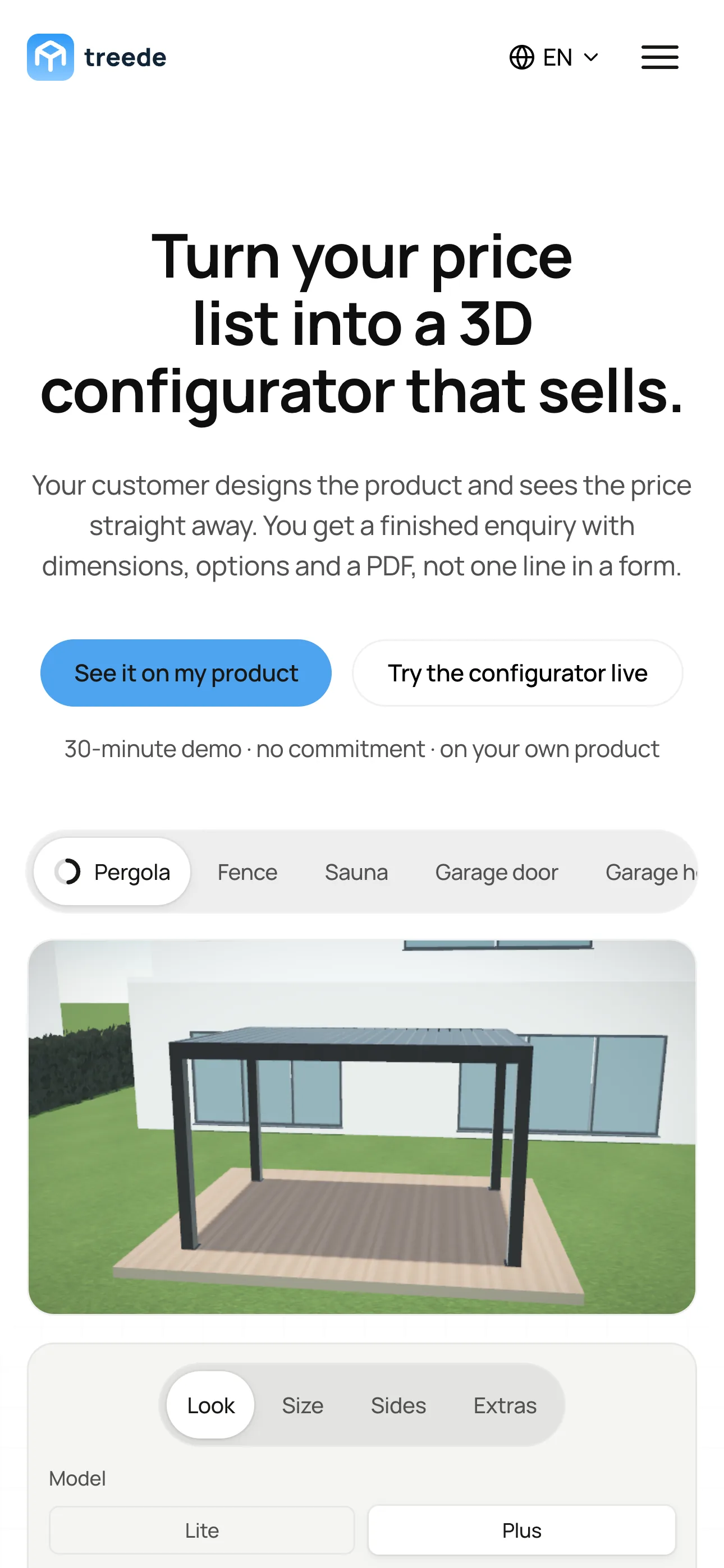The treede homepage on a phone, with the product tabs and the 3D demo under the headline. On a phone the demo keeps its product tabs and moves its controls below the scene