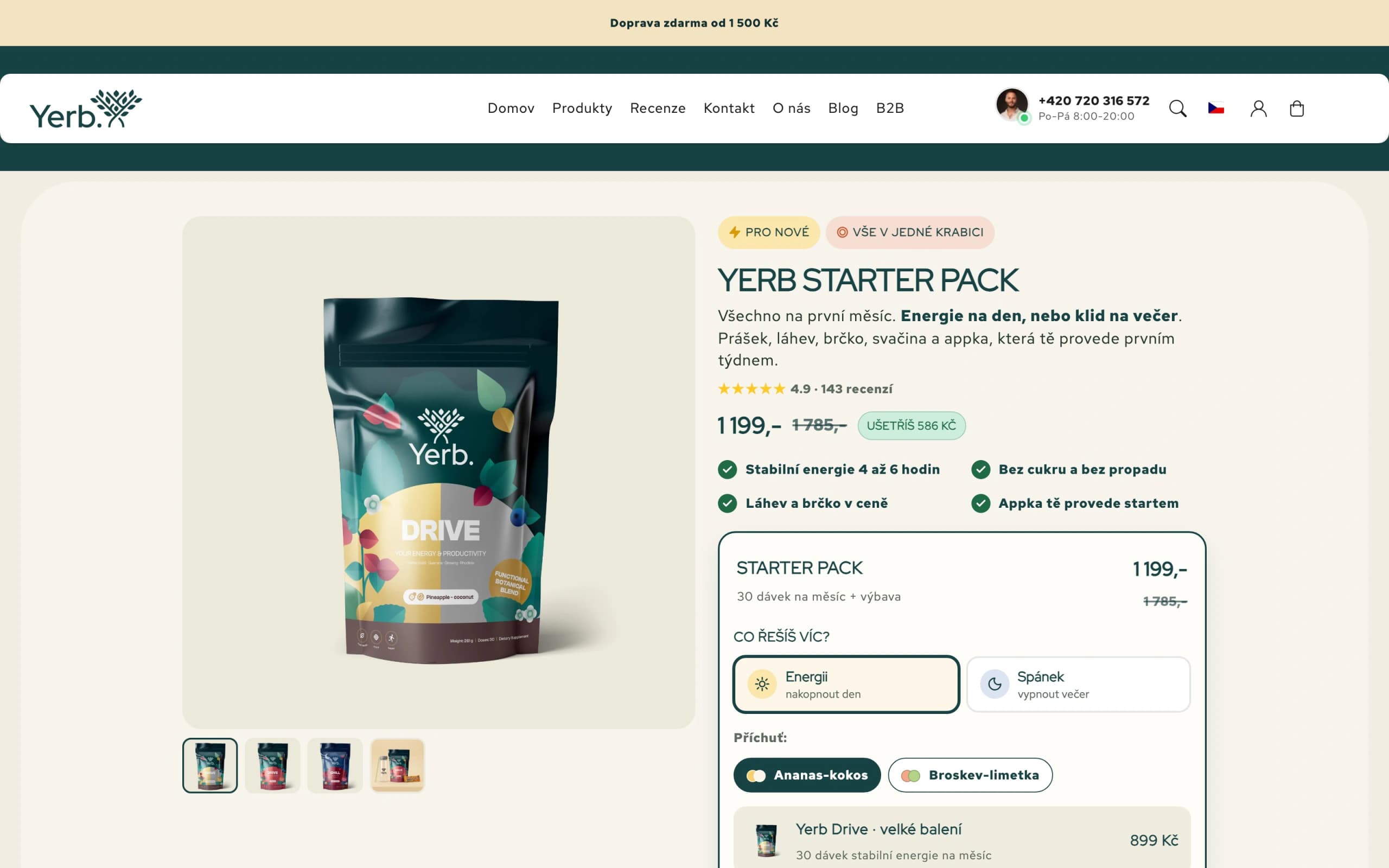 Yerb starter pack product page with benefits, reviews and flavour selection. The purchase journey: benefits, reviews and configuration on one product page