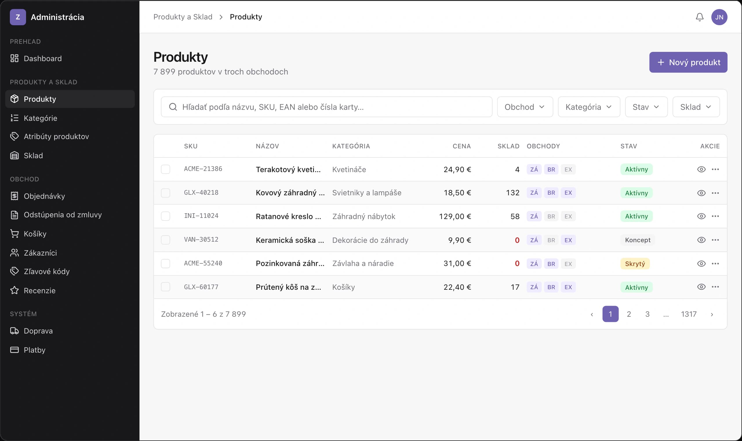 Administration product list showing 7,899 products across three stores with store badges. One catalogue for three stores: every product row shows exactly where it is published