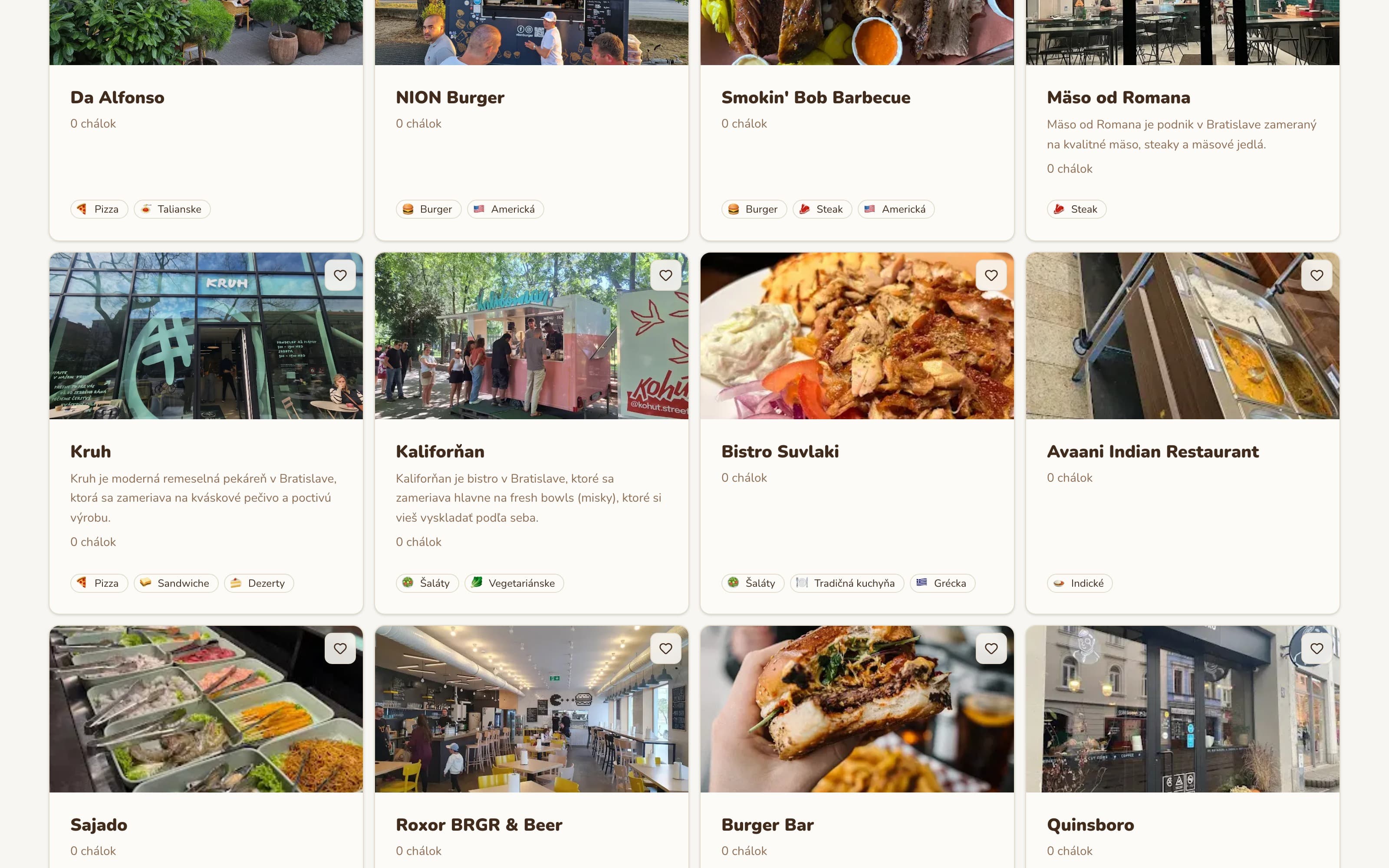 Chalkuj venue grid with categories, photos and chálka ratings. Venues carry photos, cuisine categories and chálka ratings instead of anonymous stars
