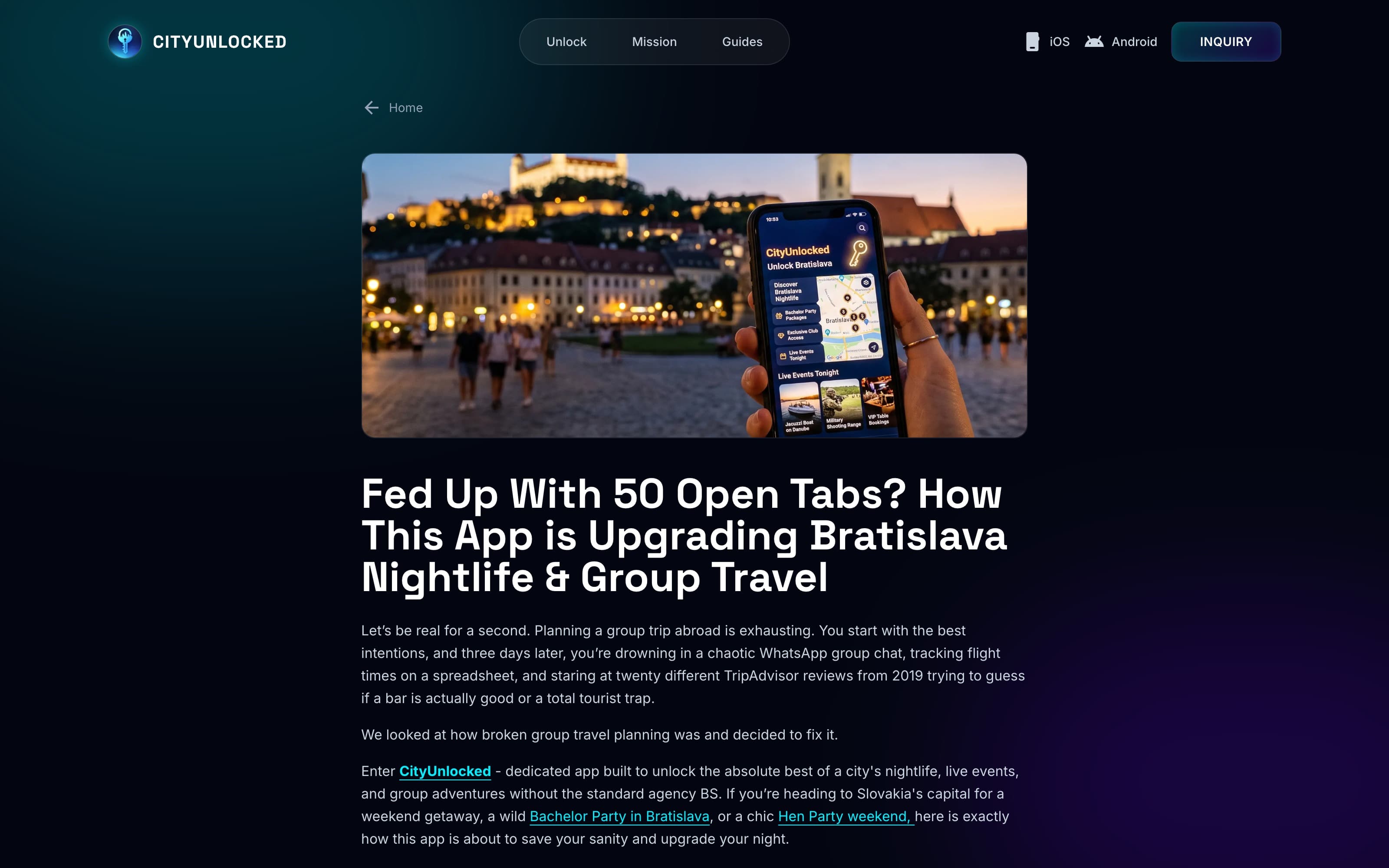 CityUnlocked website presenting the mobile app held in a hand on a Bratislava square. The mobile app, designed and built end to end, is the heart of the product