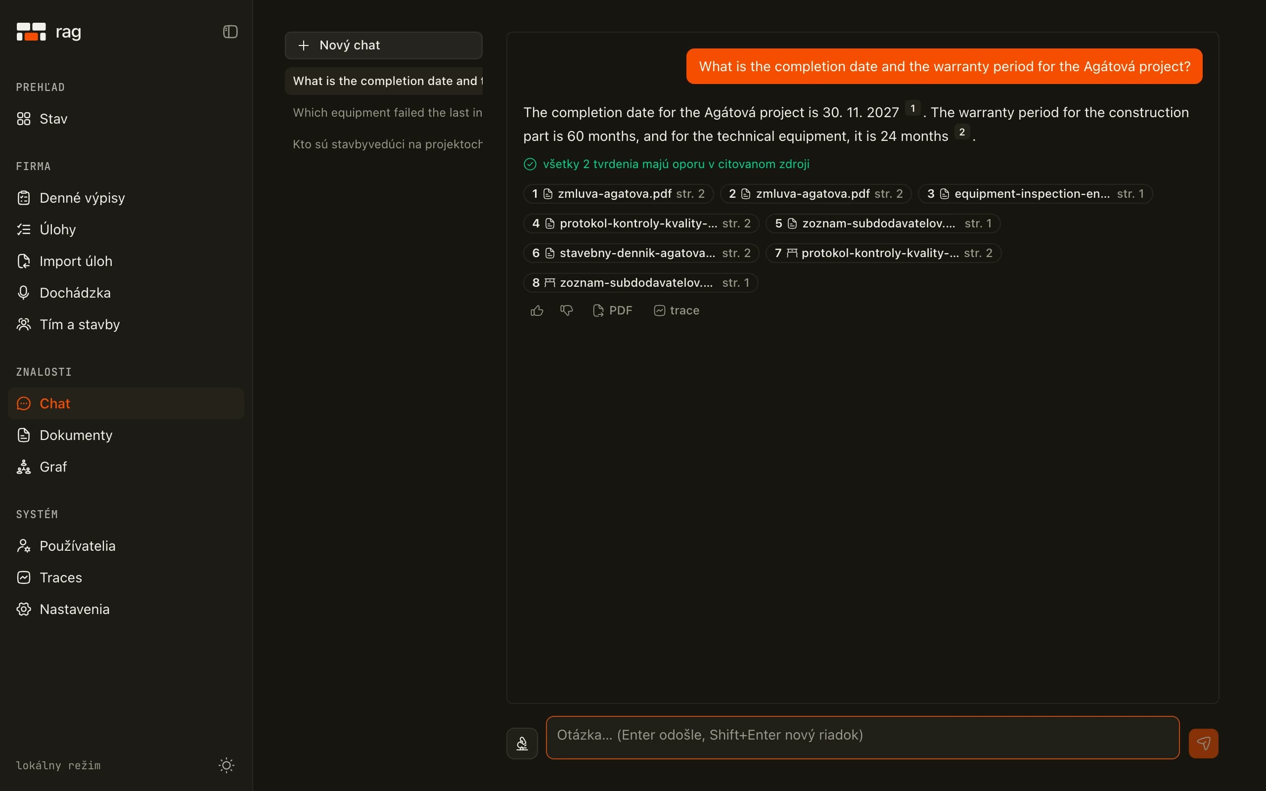 Local Graph RAG project visual. A question in English answered from Slovak contracts, with numbered citations and each claim checked against the passage it cites