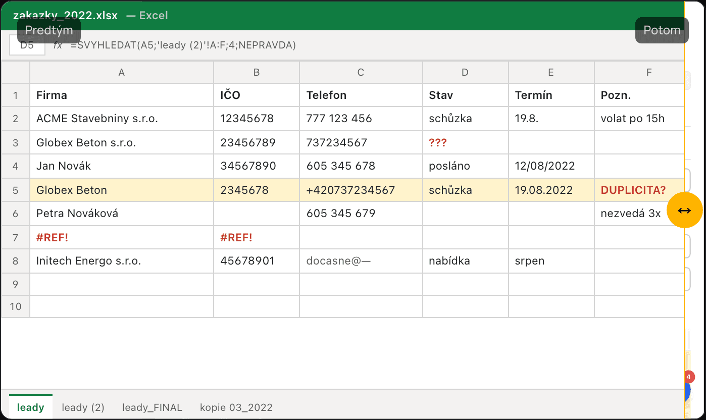 Spreadsheet with duplicate rows, broken references and several conflicting sheet copies. Duplicate registration numbers, broken references and four competing versions of the same list