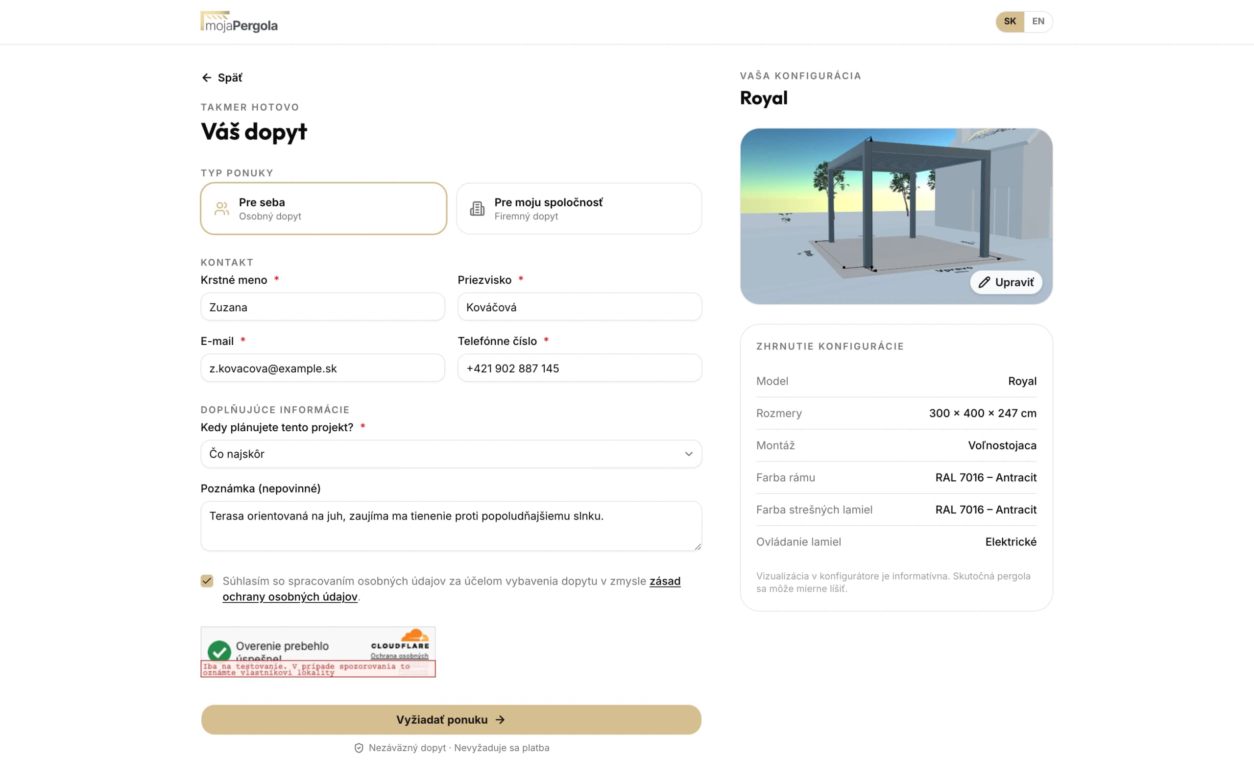 Enquiry form with the configured pergola summarised beside it. The configuration carries into the enquiry instead of being described again