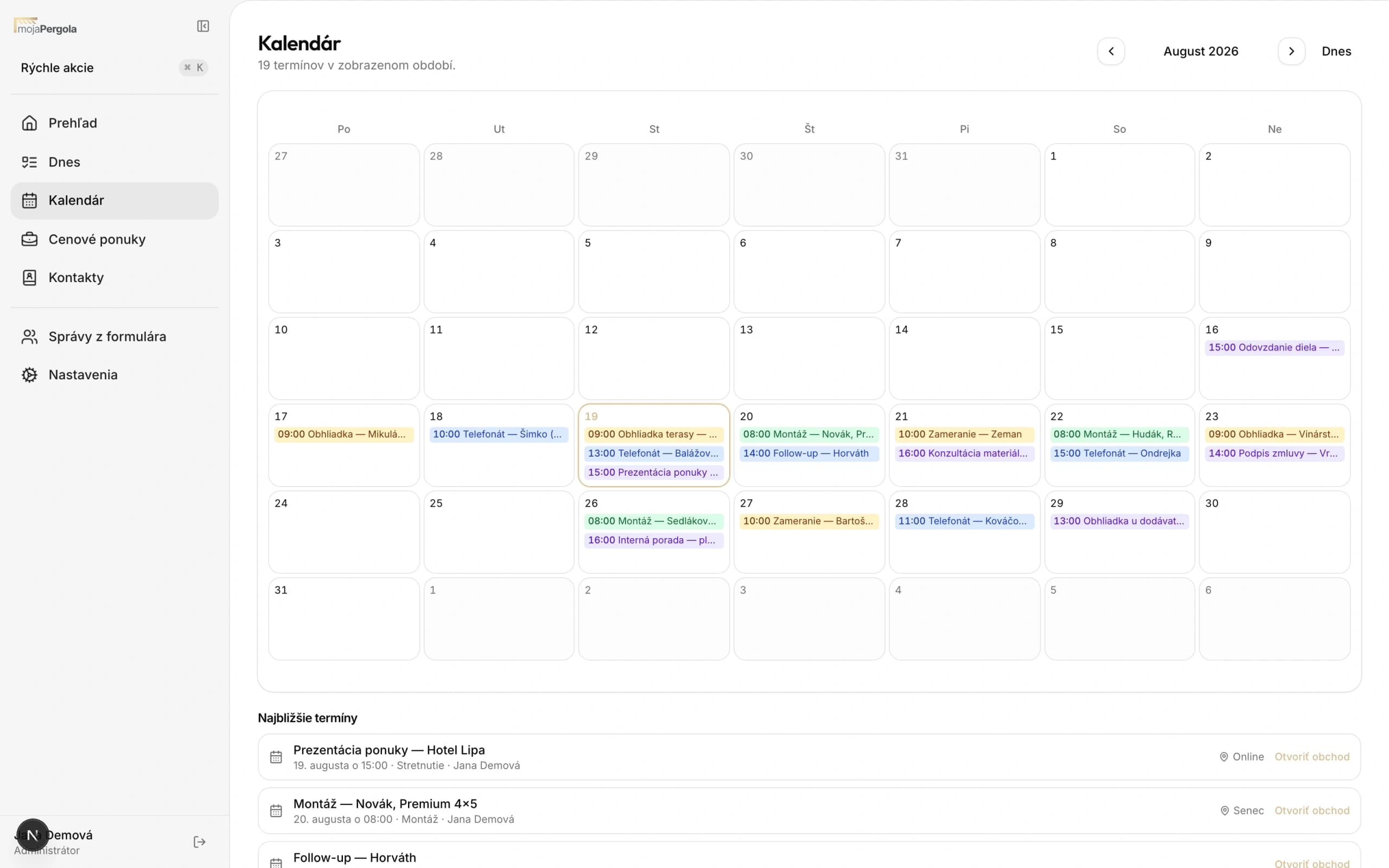 Calendar of site visits, installations, calls and meetings across the month. Site visits, installations and calls scheduled against the deals they belong to