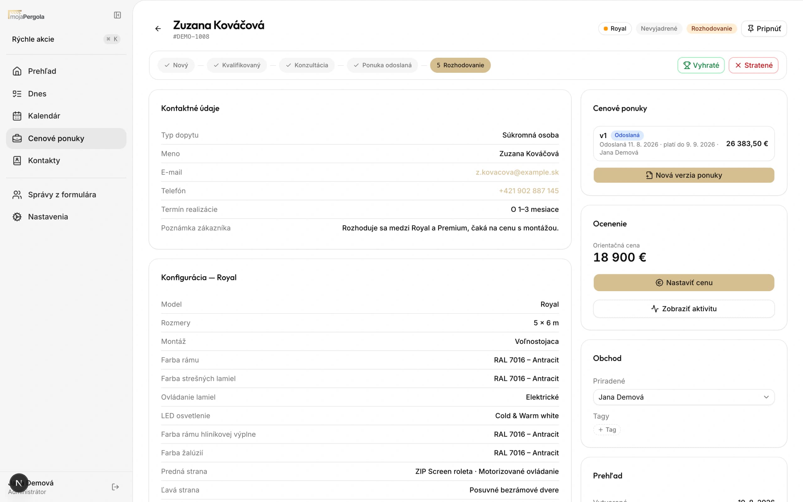 Deal detail with the customer configuration, quote and activity timeline. One record carries the configuration, the quote and everything that happened around it