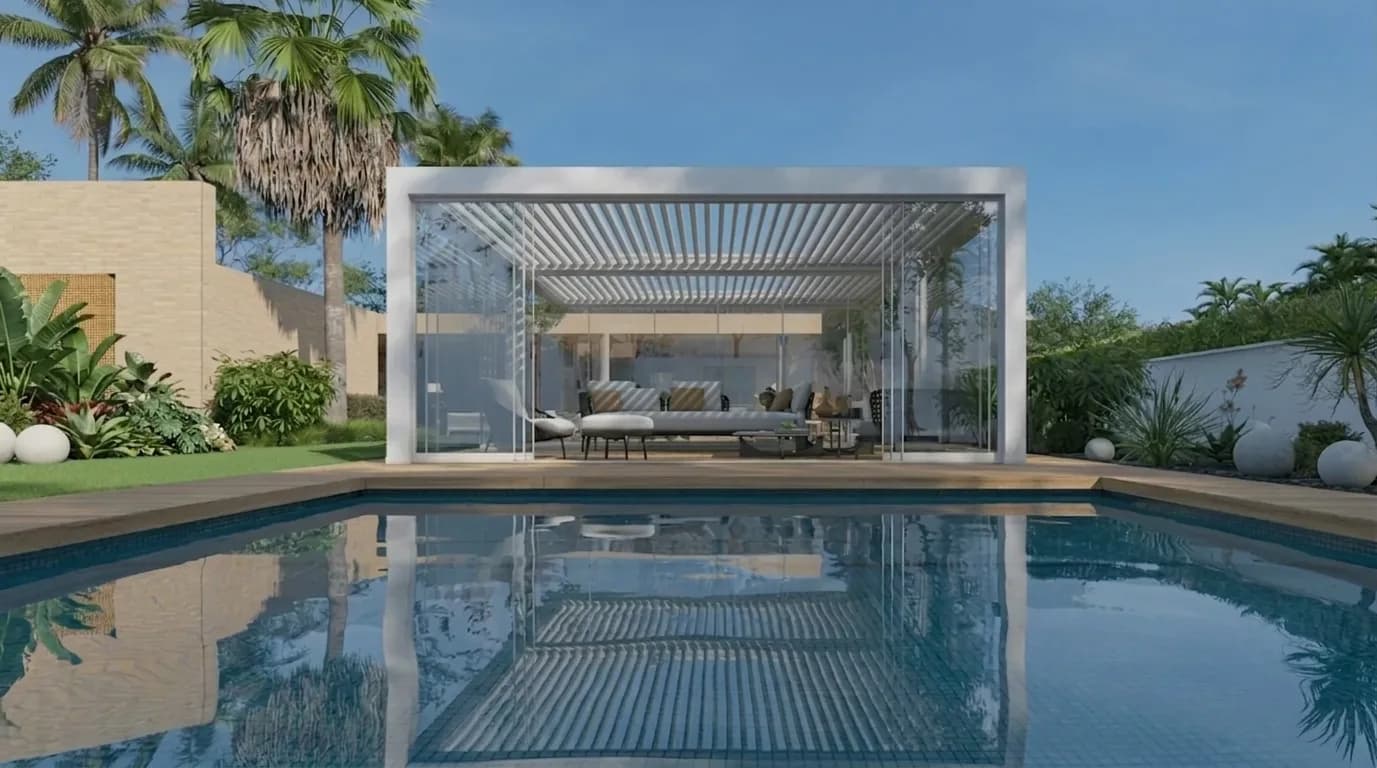 Completed pergola configuration with a glass enclosure beside a swimming pool. A configured product shown as a complete outcome
