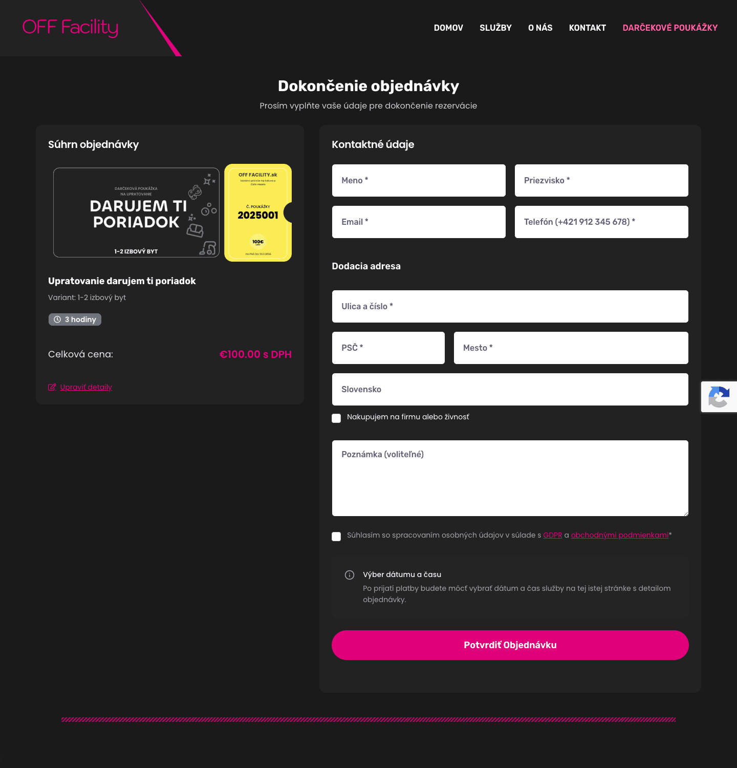 Checkout collecting contact details, delivery address and optional company registration details. A single checkout that serves private buyers and companies