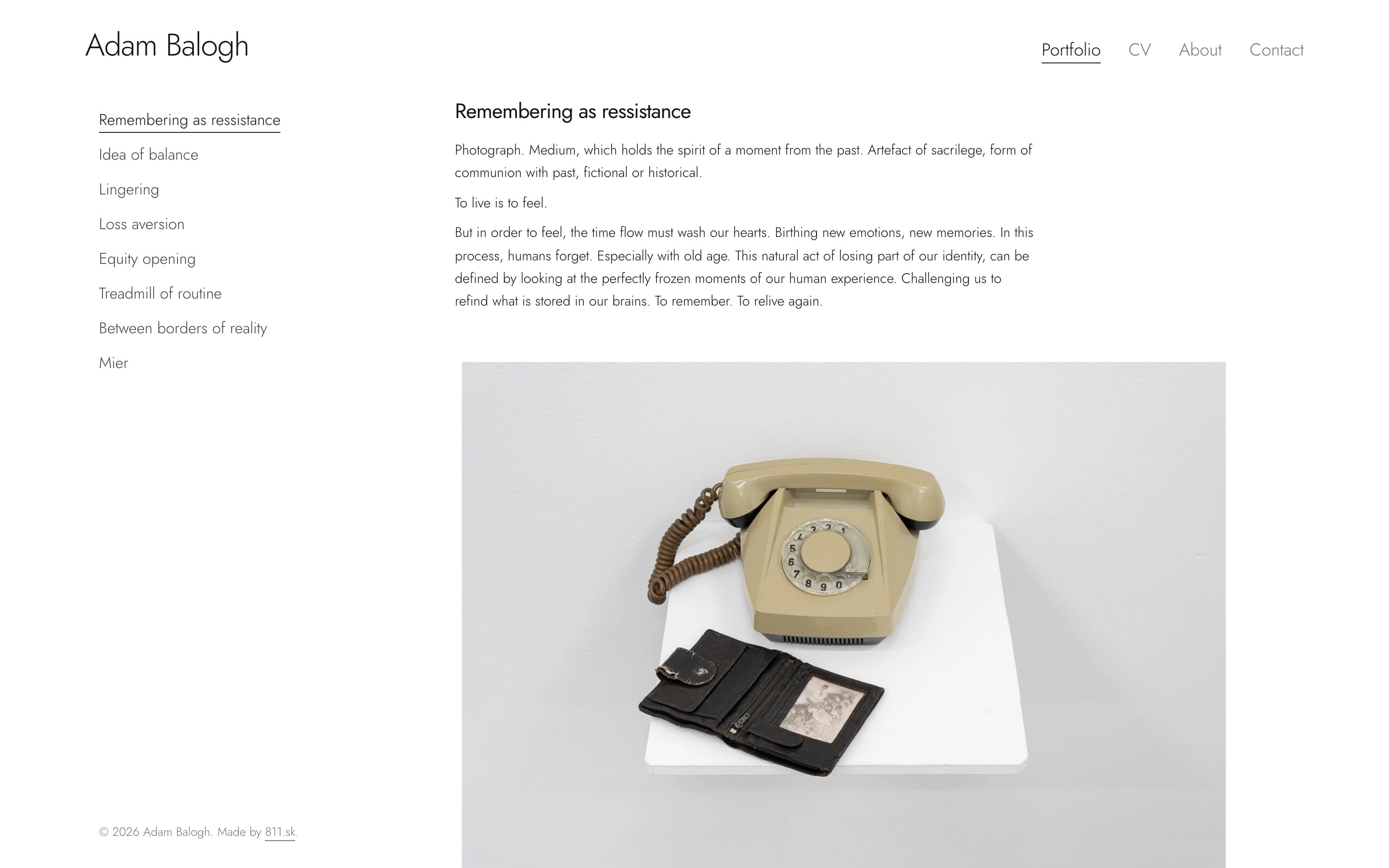 Adam Balogh portfolio homepage with the persistent works sidebar. Conventions borrowed from established artist websites: a persistent works list and restrained typography
