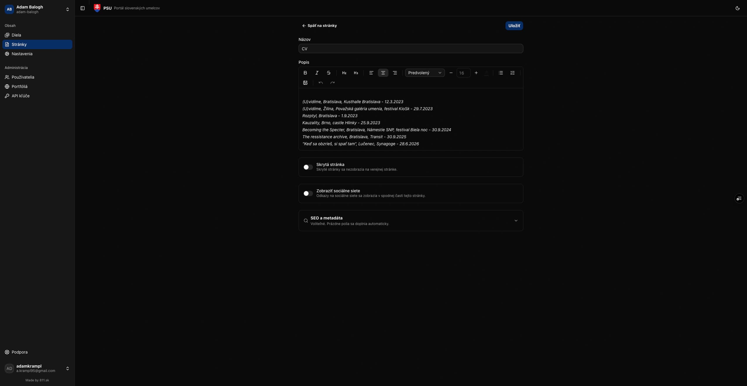 PSU administration editing a static page with CV, statement or contact details. Artists edit their own CV, statement and contact pages from the same administration