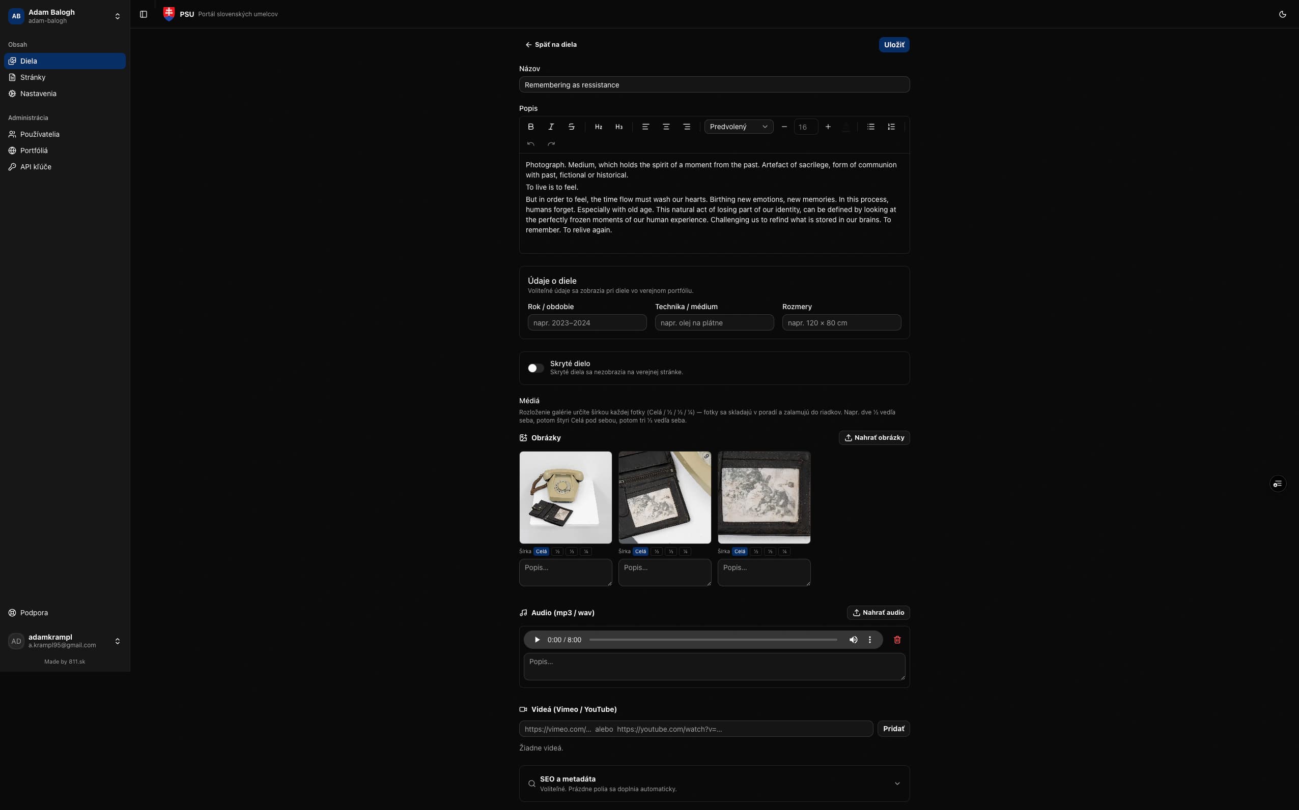 PSU administration showing the work editor with rich text and media