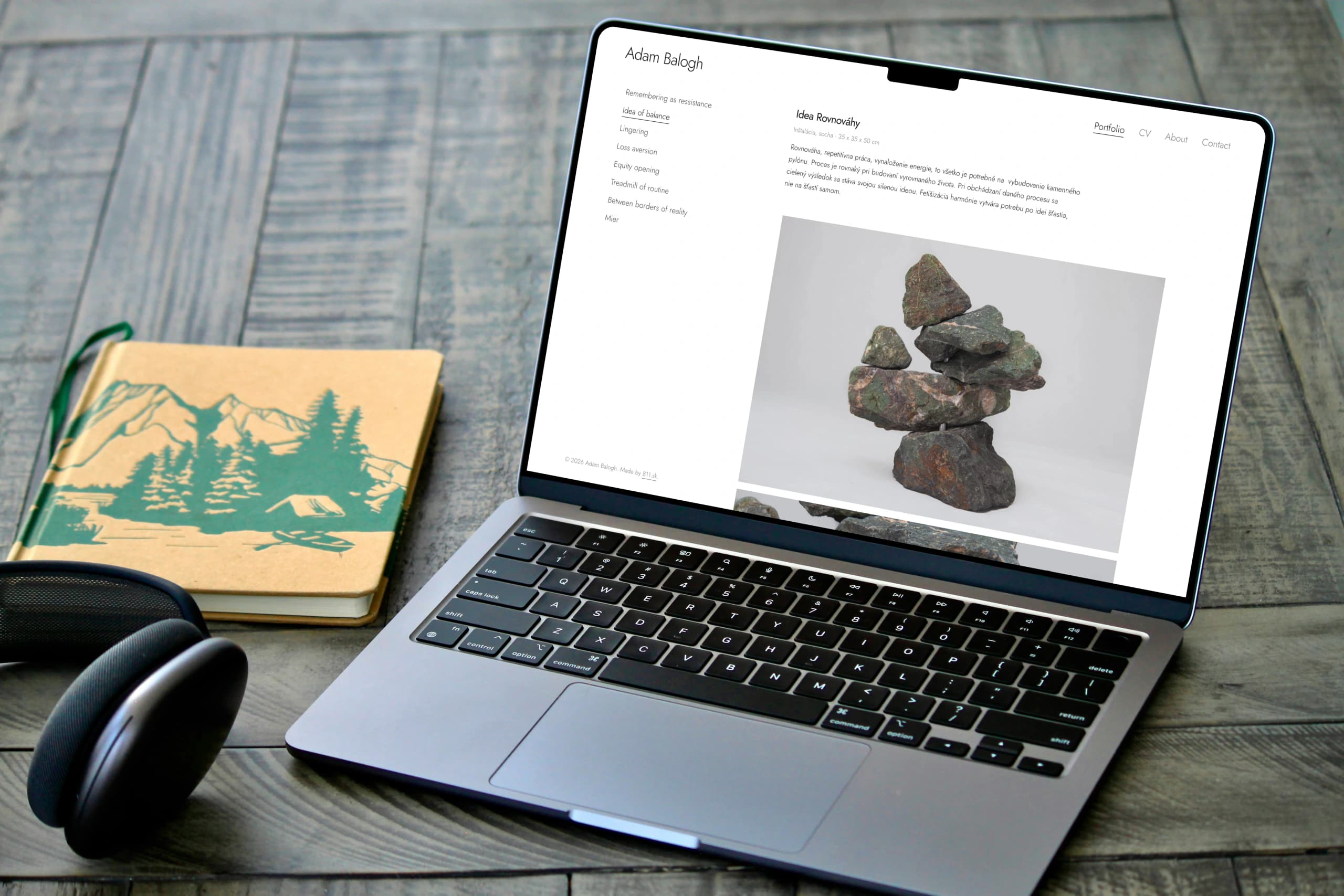 An artist portfolio open on a laptop, showing a work beside the persistent works sidebar. Conventions borrowed from established artist websites: a persistent works list and restrained typography