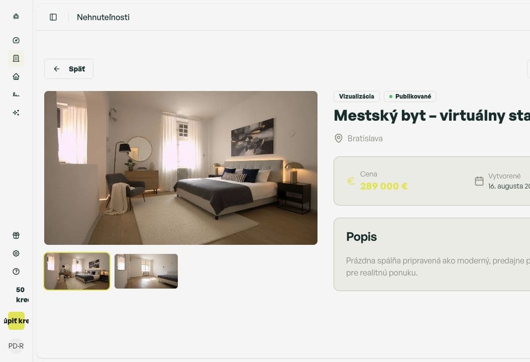 Desktop Realisio property detail with the staged result and original image. Anonymised product demo: a finished staging result and its original photo stay together in one property record