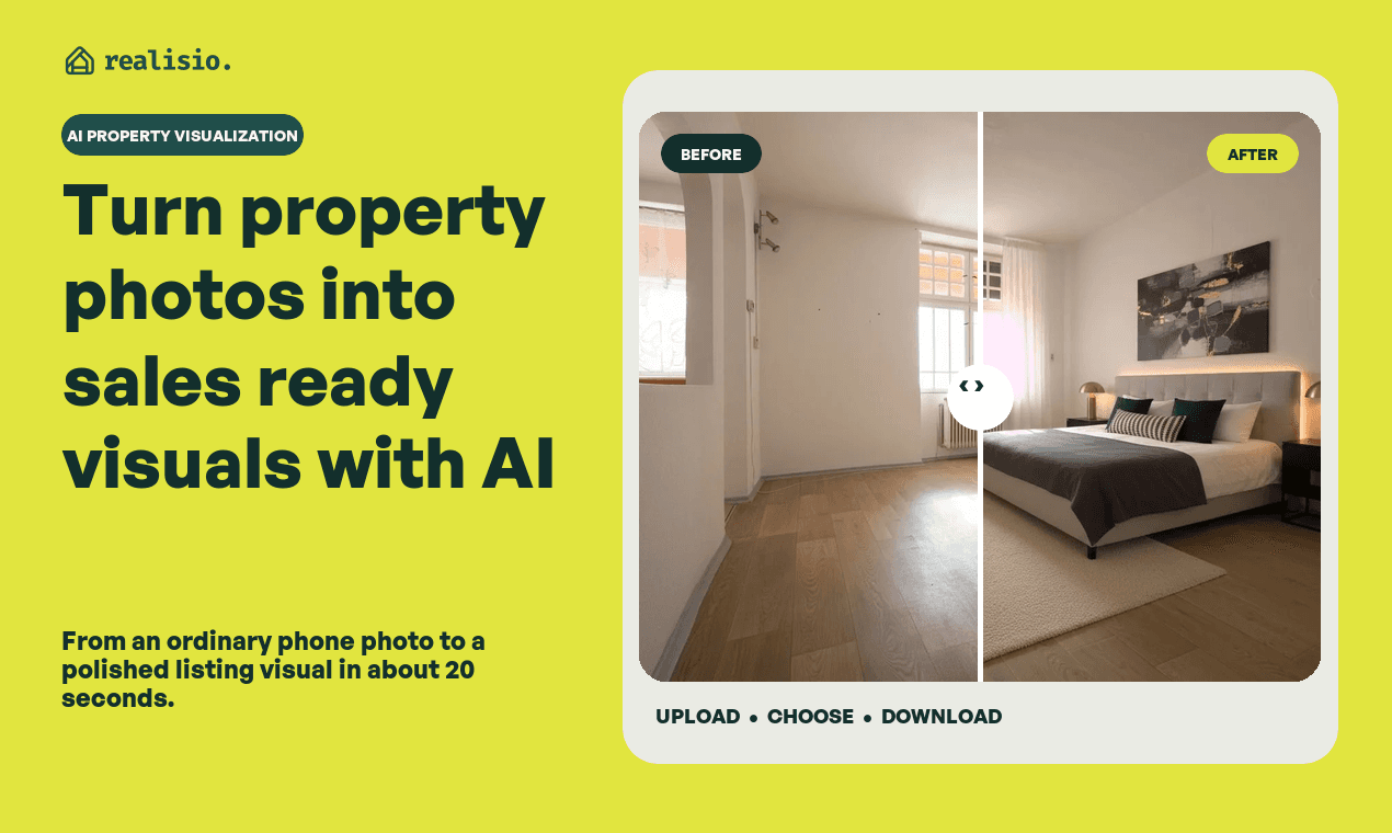 Realisio project visual. Anonymised product demo with three synthetic listings; names, locations and prices are illustrative
