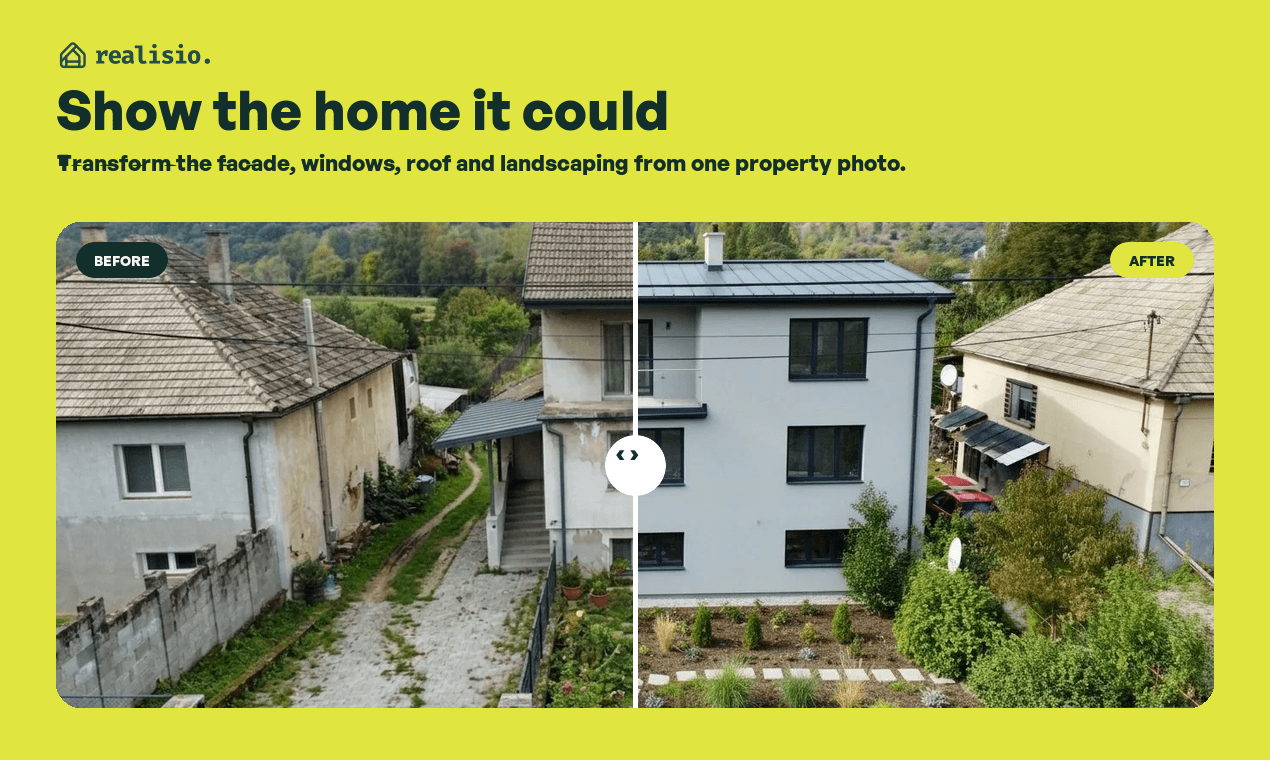 Before and after exterior transformation of a family house. The workflow communicates future potential from one existing property photo